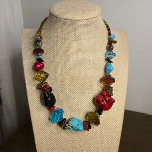 Vintage Chunky Beaded Statement Necklace Multicolor Stone Boho Costume